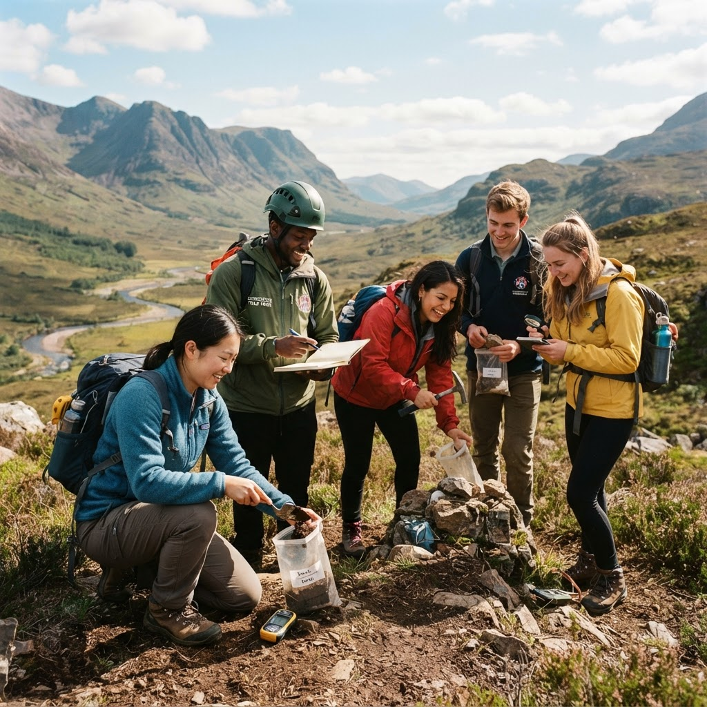 Geoscience graduate students collecting rock and soil samples during field research